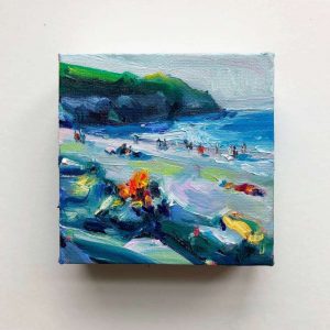 view of original mini painting called "Boil Up on Middle Cove Beach" on the wall