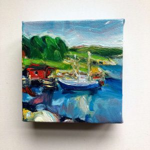original mini painting by irene Duma titled: Little Fishing Stage, wall view