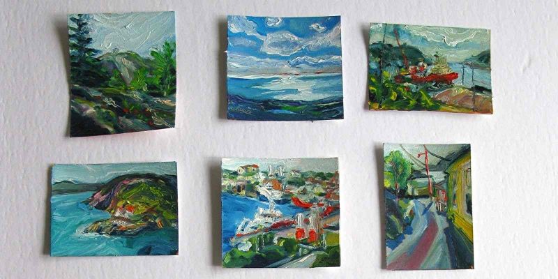 A collection of six mini paintings painted by Irene Duma. These are ACEO sized and business cared sized paintings.