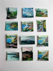 A collection of 12 mini paintings by Irene Duma. These are tiny business-sized paintings called ACEOs or artist trading cards.