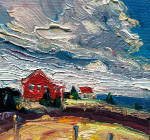 Mini painting by Irene Duma, of red house overlooking Atlantic Ocean