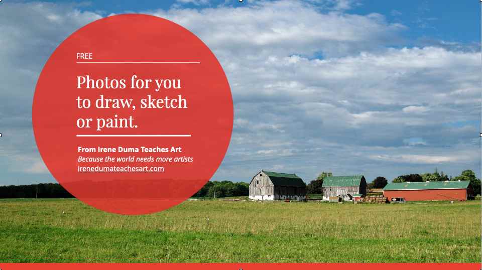 Cover of Irene Duma's free ebook, titled "Free photos for you to draw, sketch or paint; featuring an Ontario old barn.
