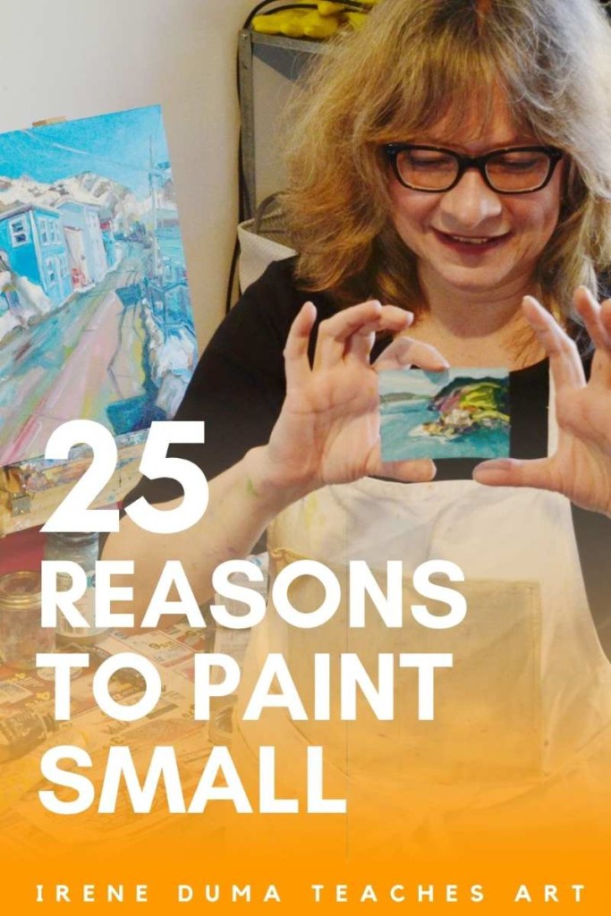 irene duma holds a mini painting in her hand