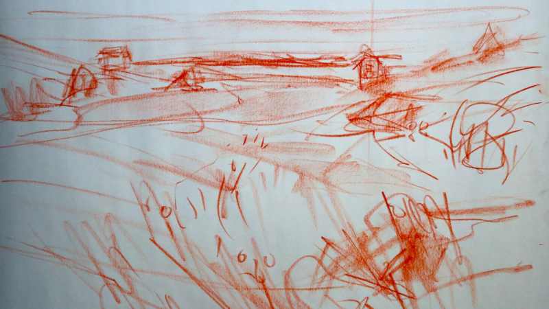 a quick 5 minute sketch of a landscape done in sepia conte crayon