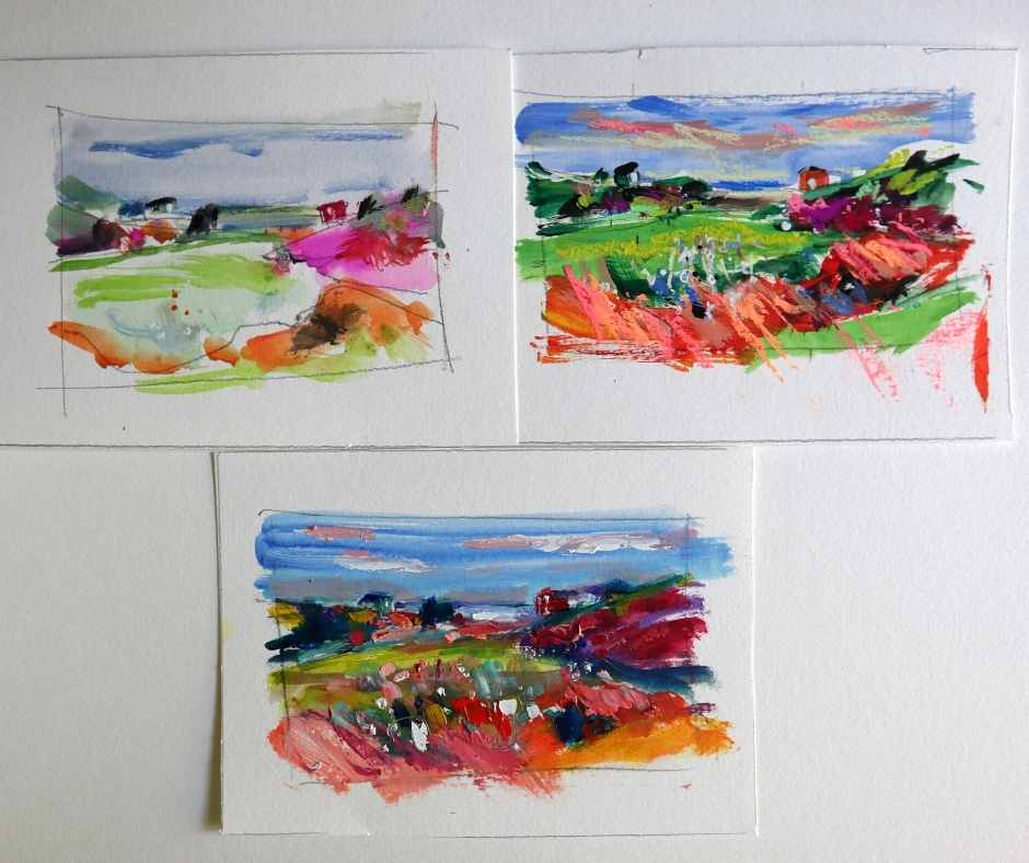 3 mini paintings: one watercolour, one gouache and pastel, and one done in oil