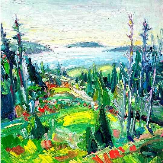 Landscape painting of Tors Cove, by Irene Duma