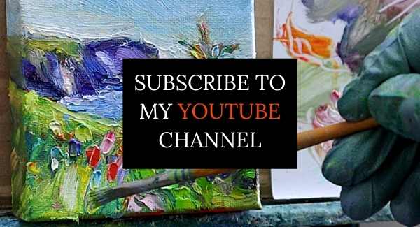 a photo of me painting a mini oil painting with the text Subscribe to my YouTube Channel