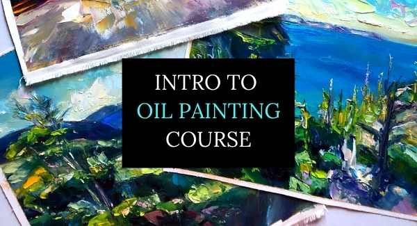 a collage of oil paintings on canvas with the text "intro to oil painting course on it.