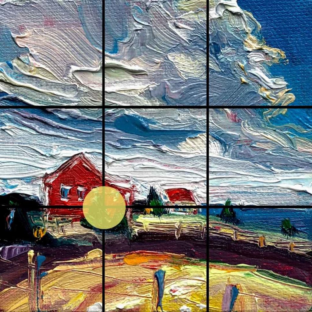 An oil painting divided up into 9 exact squares to show you how to use the rule of thirds for composition.