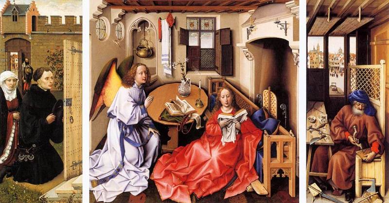 image of The Mérode Altarpiece (The Annunciation Triptych), by Robert Campin.  oil on panel, painted c 1427 until 1432 in the classical or flemish style