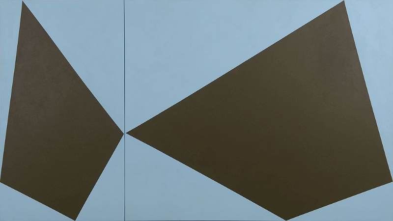 Image of an abstract painting created in acrylic paint. "Shadow of a Field", by Ivo Ringe, 2015, 180 x 320 cm. Two colours only, light blue background with solid brown polygons.