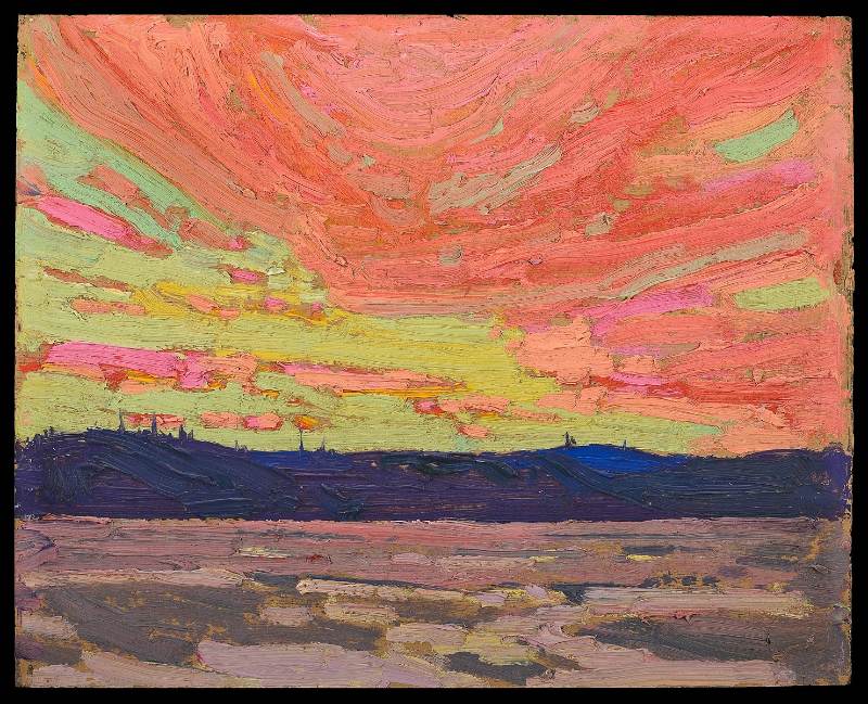 Sunset, a painting by canadian artistTom Thomson, oil on panel, 1915, 21.3 cm (8.3 in); width: 26.7 cm (10.5 in). Showing how thick oil paints can be laid.
?
