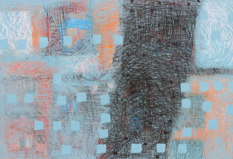 Image of an acrylic abstract painting by Oscar Abreu. Mostly light blue with brown and orange scribbles.