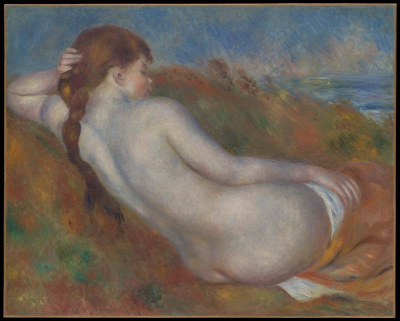 Picture of an oil painting called "Reclining Nude", by Auguste Renoir. Woman's back. Oil on canvas, 1883