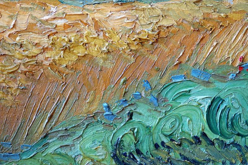 Detail of Wheat Field with Cypresses, a painting by Vincent van Gogh, painted June 1889, oil on canvas. Shows the thick brushstrokes