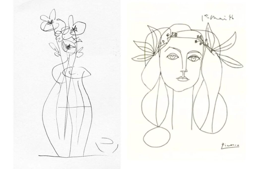 2 line drawings by Picasso: a vase with flowers, and a woman with flowers in her hair