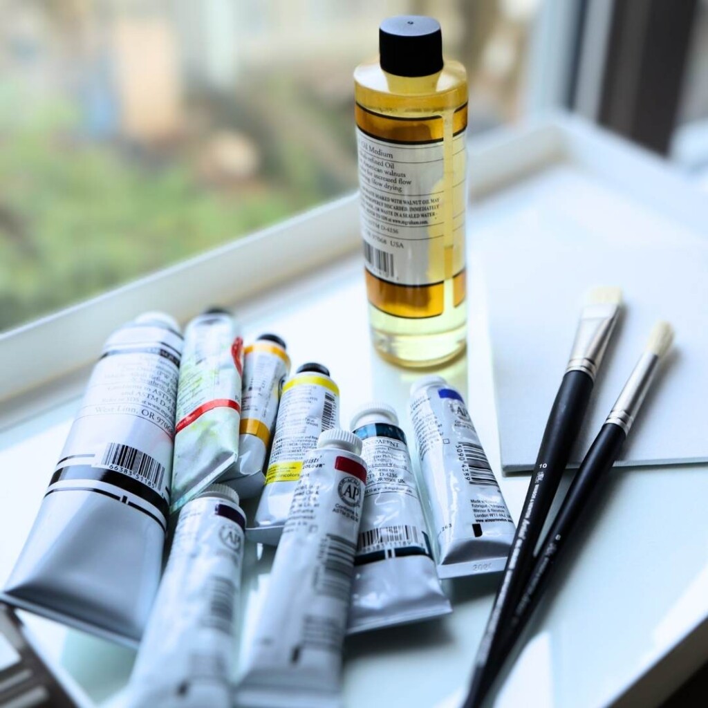 basic oil painting supplies: Paint set, brushes, canvas panel and walnut oil medium