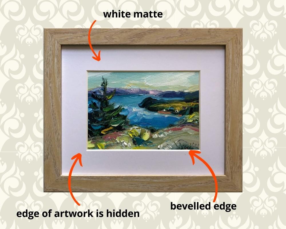 an oil painting framed behind glass with a white matte