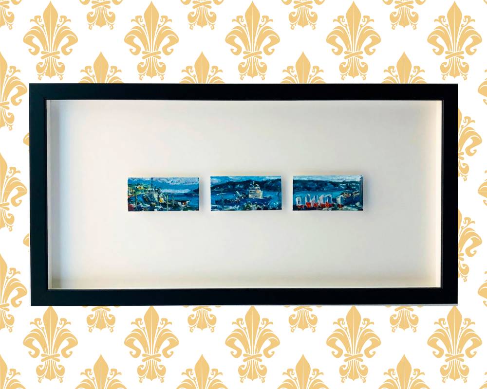 3 Mini paintings that go together - a  triptych framed behind glass