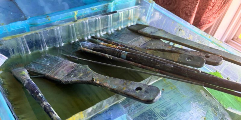 a vat of oil painting brushes with their bristles soaking in safflower oil
